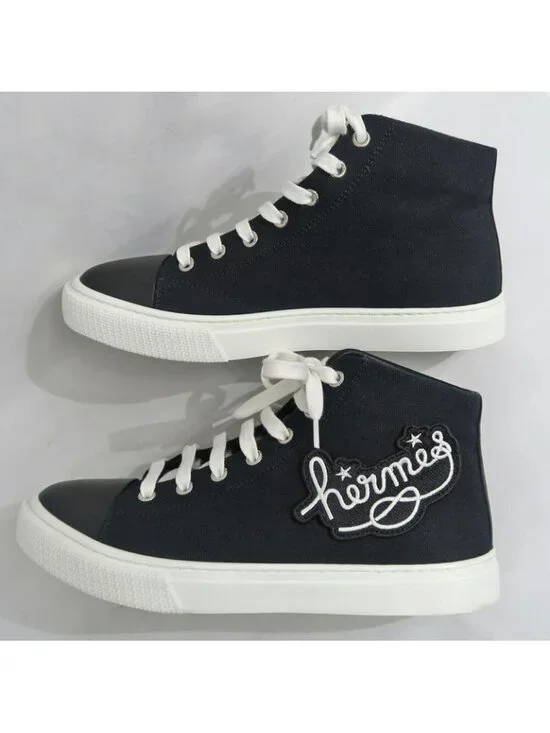 Hermes Iriko High Cut Sneakers 38 Black Canvas Leather